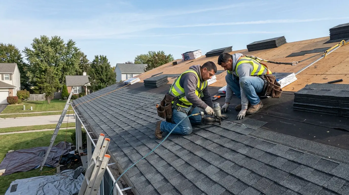 Roofing crew installing charcoal architectural shingles on a suburban home
