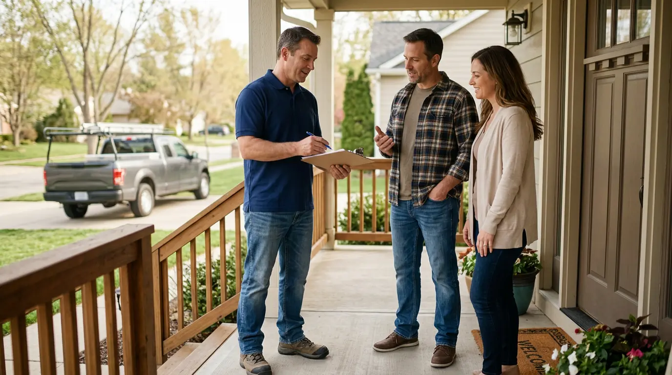 Roofing contractor discussing a roof estimate with homeowners