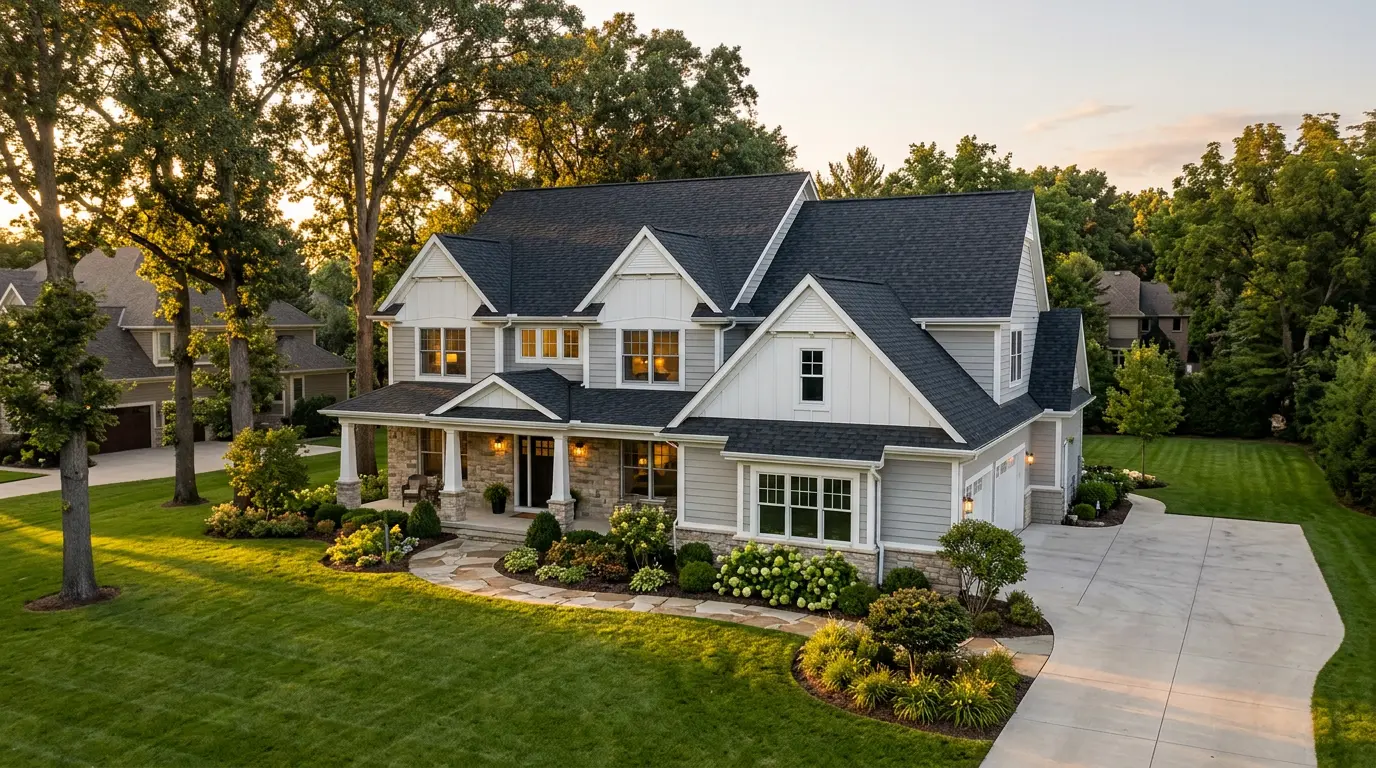 American suburban home with a newly installed charcoal shingle roof at golden hour