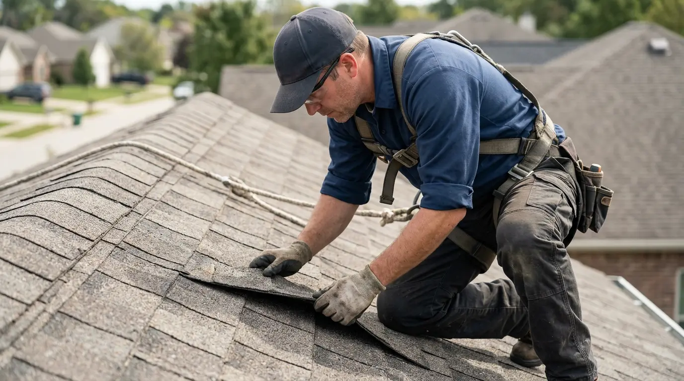 Roofing contractor inspecting shingles on a residential roof