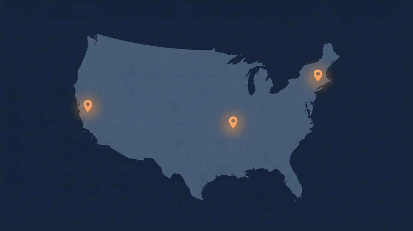 Illustrative dotted map of the United States with location markers